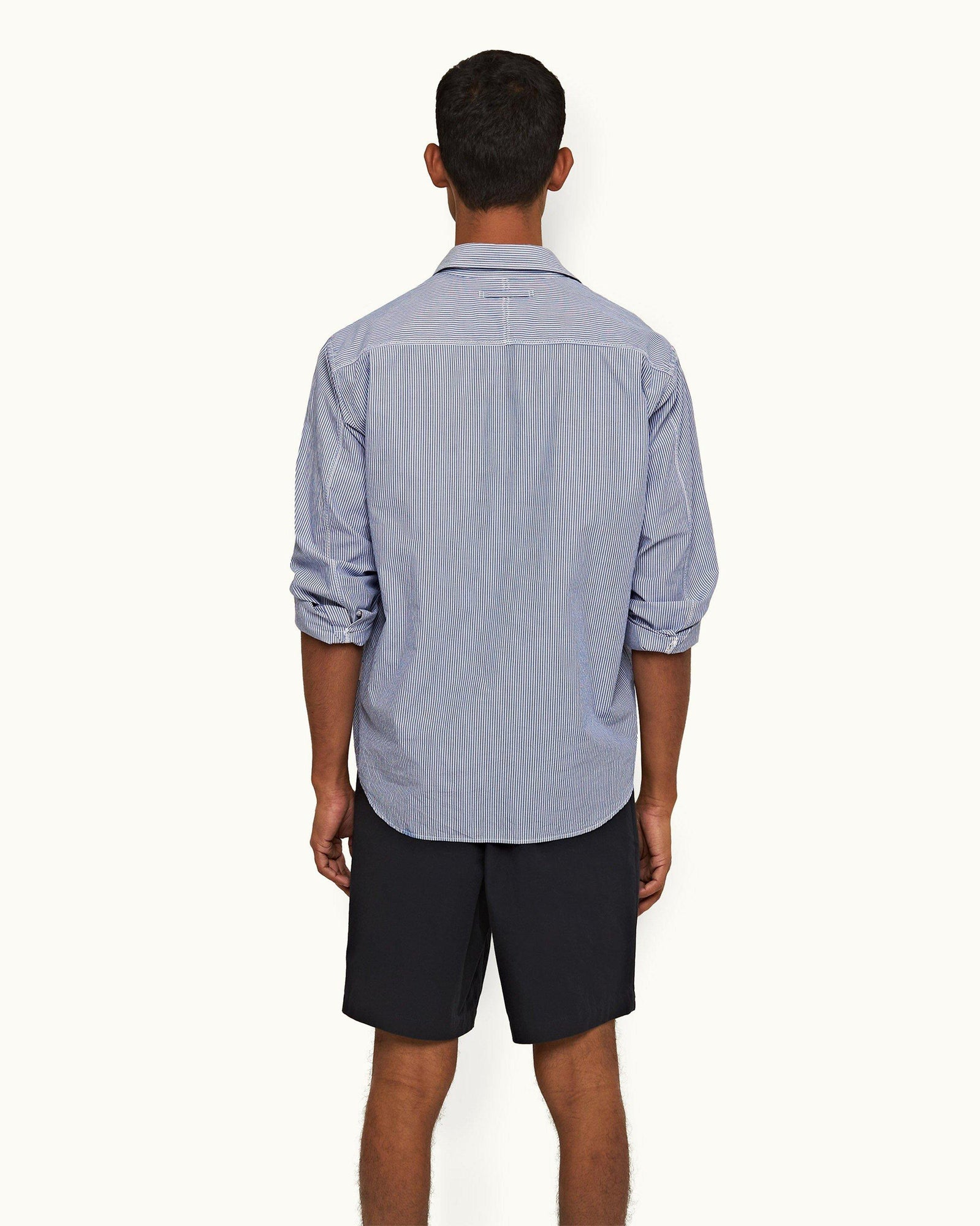 Midnight Navy/White Stripe Relaxed Fit Classic Collar Cotton Shirt | Midnight Navy/White