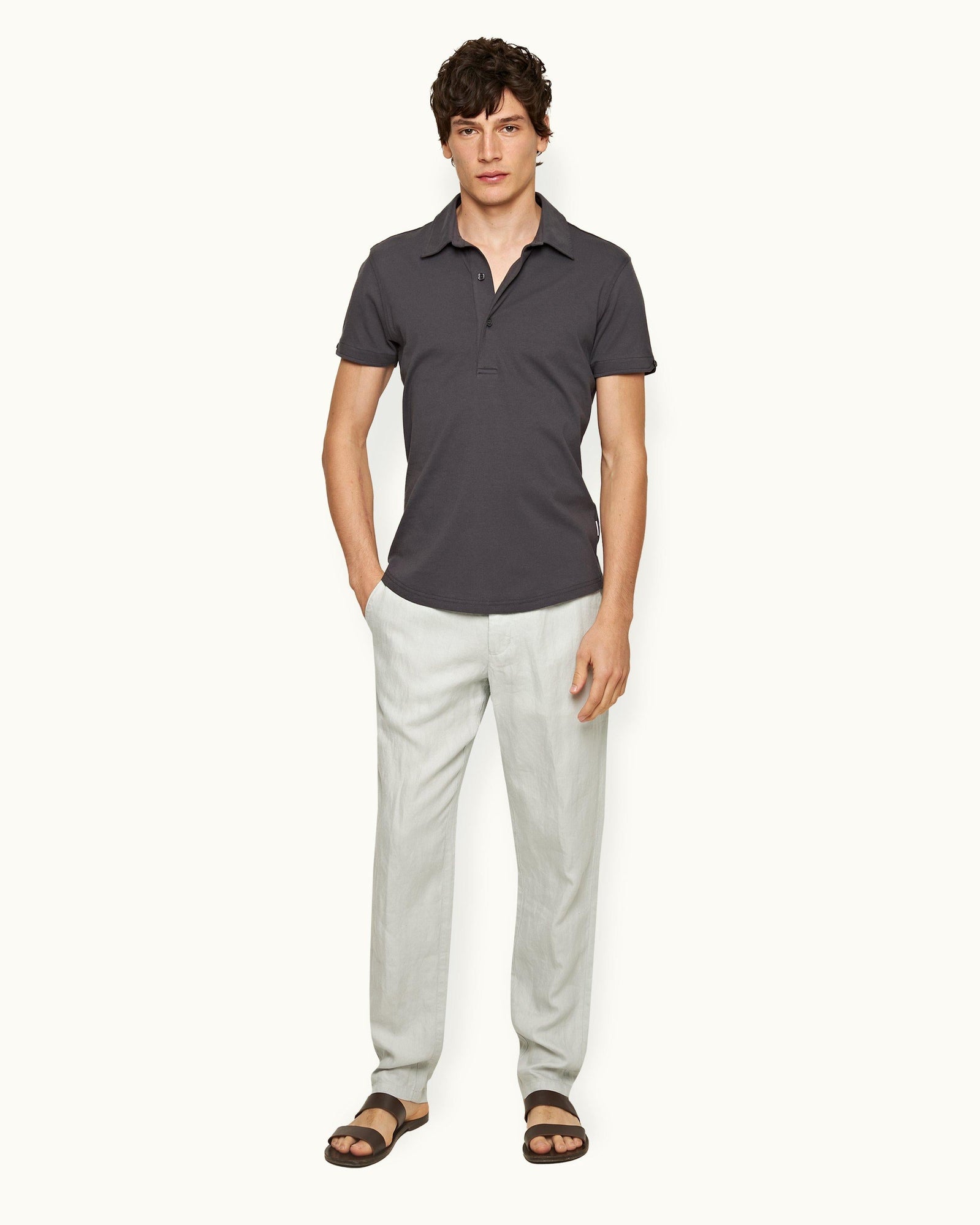 Griffon Linen Tailored Fit Washed Linen Trousers In White Jade | White Jade