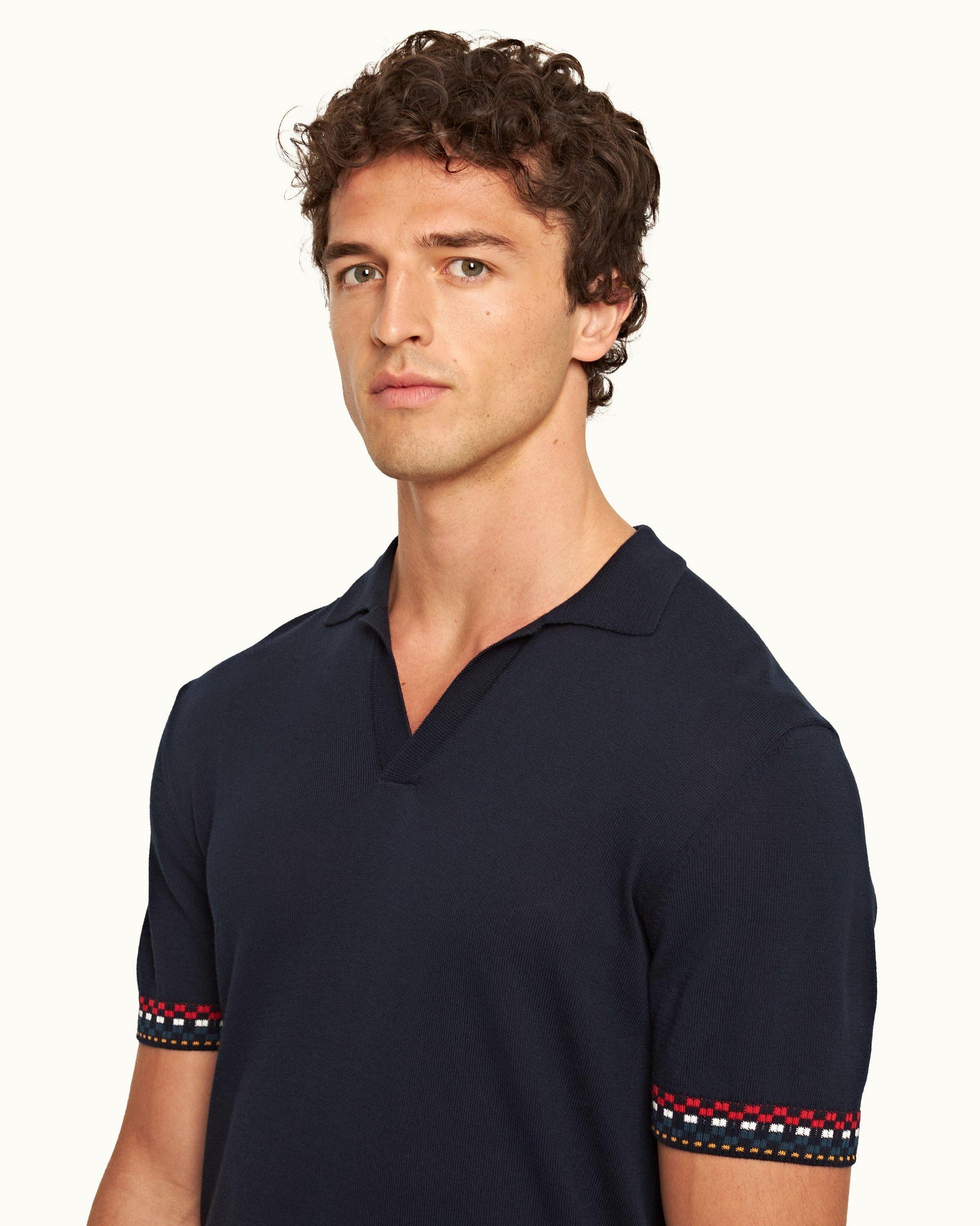 Horton Tipping Night Iris Tailored Fit O.B Checkerboard Tipping Organic Cotton Polo Shirt | Night Iris