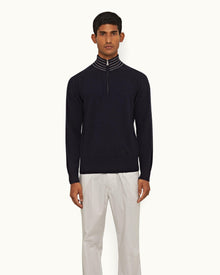 Night Iris/Sea Mist Stripe Rib Collar Cashmere Half-Zip Jumper | Night Iris/Sea Mist