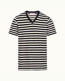 Nicolas Towelling Ink/Cloud Relaxed Fit Towelling Stripe V-Neck T-shirt | Ink/Cloud