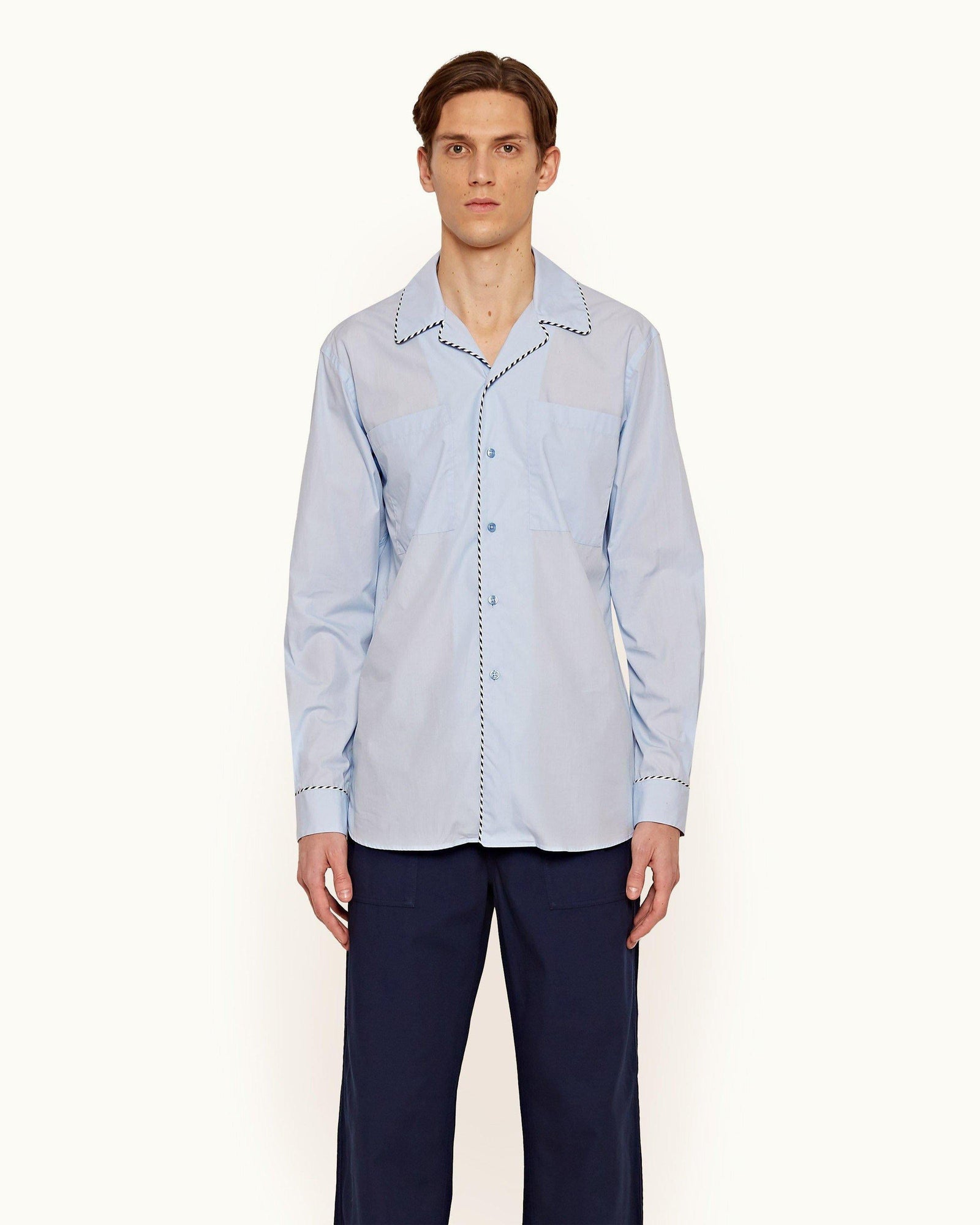 Ravinger Light Blue Relaxed Fit Capri Collar Compact Cotton Shirt | Light Blue