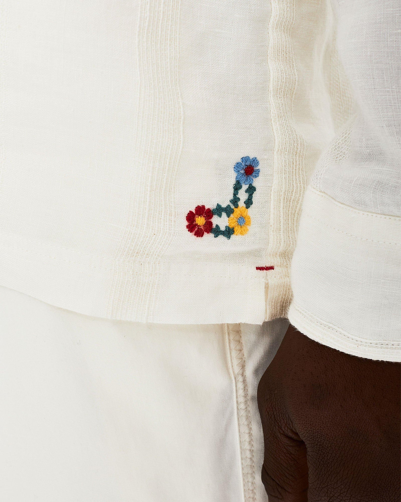 Ridley White Sand Relaxed Fit Overhead Embroidered Yoke Linen Shirt | White Sand