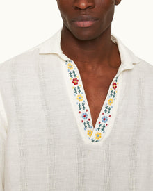 Ridley White Sand Relaxed Fit Overhead Embroidered Yoke Linen Shirt | White Sand