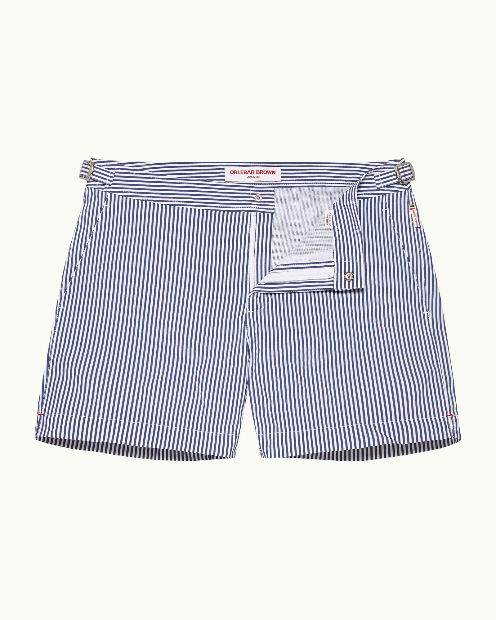 Setter Seersucker Shorter-Length Swim Shorts Woven In Italy in Blueberry/White Stripe | Blueberry/White Stripe