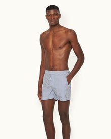 Setter Seersucker Shorter-Length Swim Shorts Woven In Italy in Blueberry/White Stripe | Blueberry/White Stripe