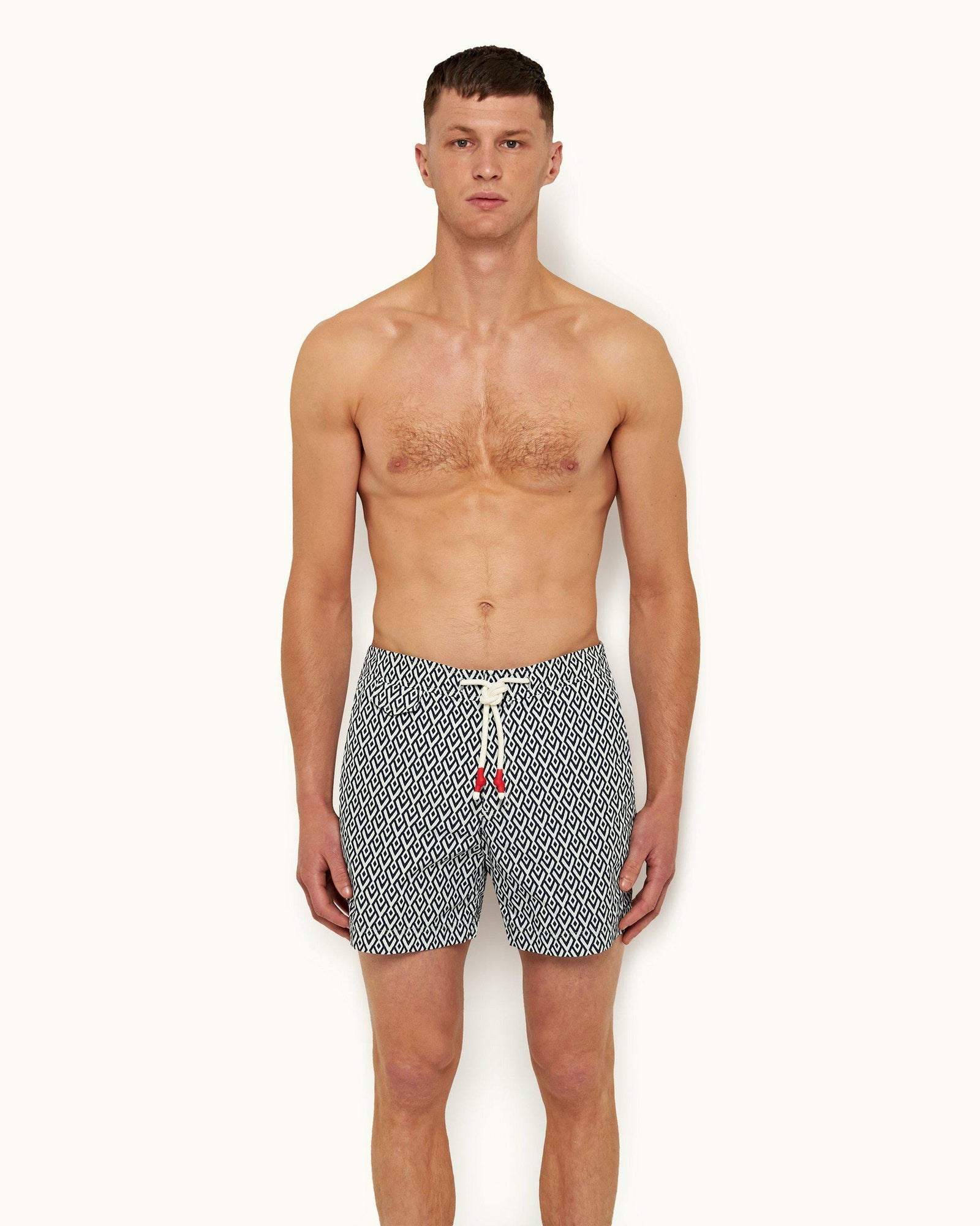 Navy/Cloud Cano Geometric Mid-Length Drawcord Swim Shorts | Navy/Cloud