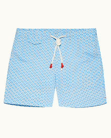 Mirage Blue Geo Navan Print Mid-Length Drawcord Swim Shorts | Mirage Blue