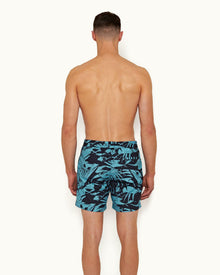 Cerulean Palmetto Print Mid-Length Drawcord Swim Shorts | Cerulean