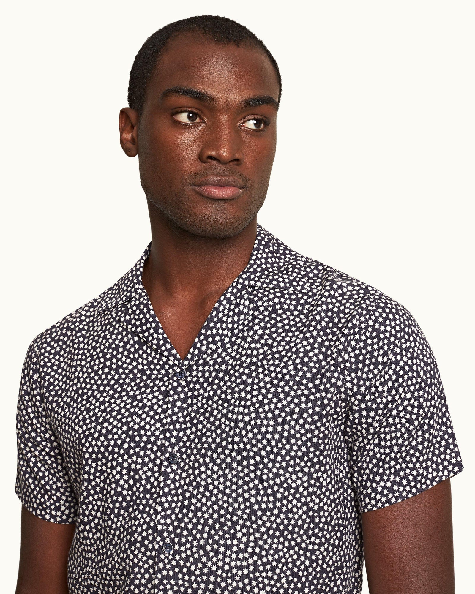 Travis Towelling Star Print Capri Collar Shirt In Night Iris Blue | Night Iris