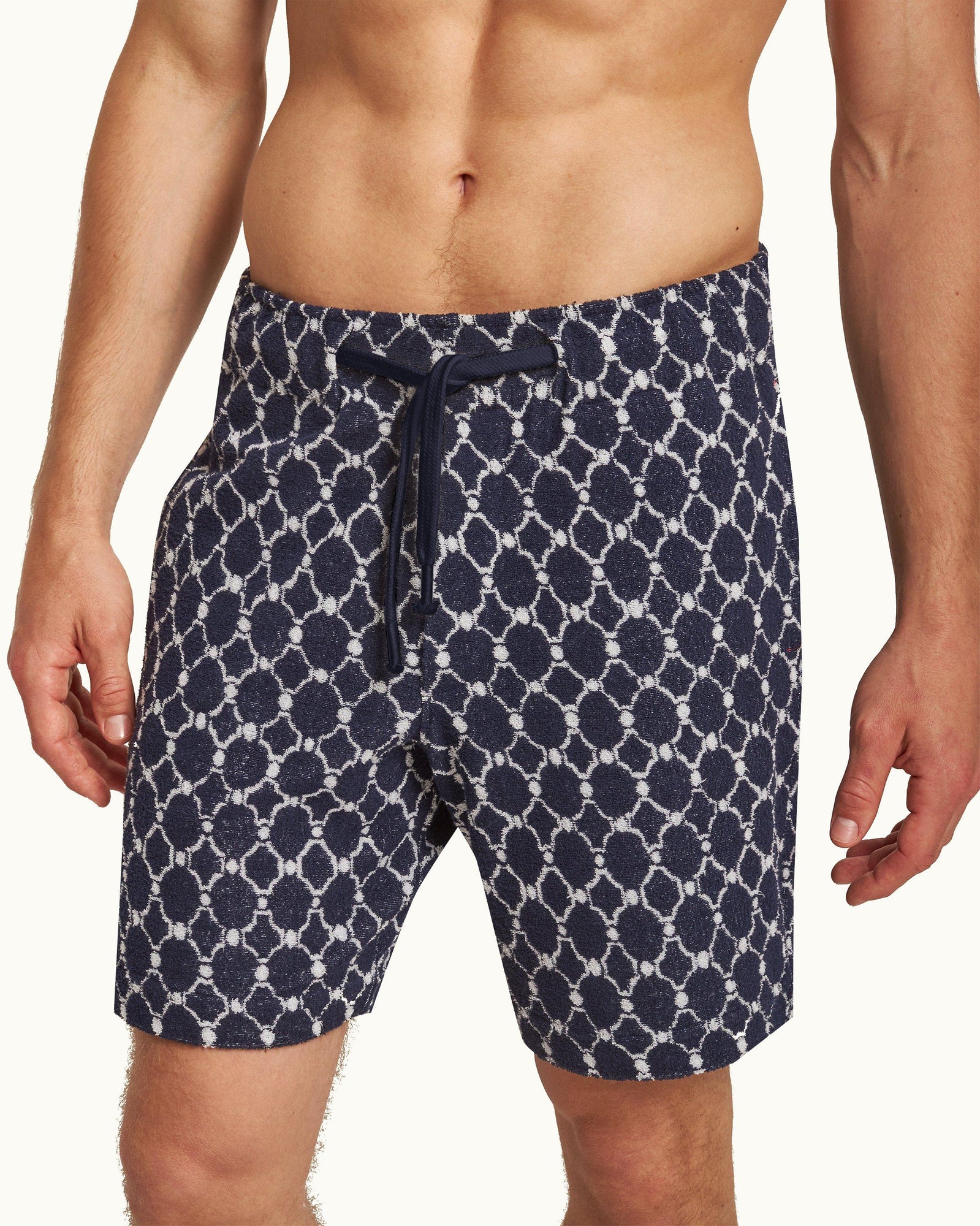 Trevone Towelling Midnight Navy Geometric Tile Towelling Sweat Shorts | Midnight Navy
