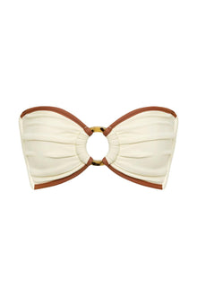 Oat and terracotta bandeau bikini top with ruched cups, center cutout, and tortoiseshell ring detail.