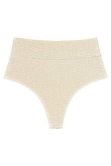 Oat-colored high-rise bikini bottom with textured fabric and full coverage design.
