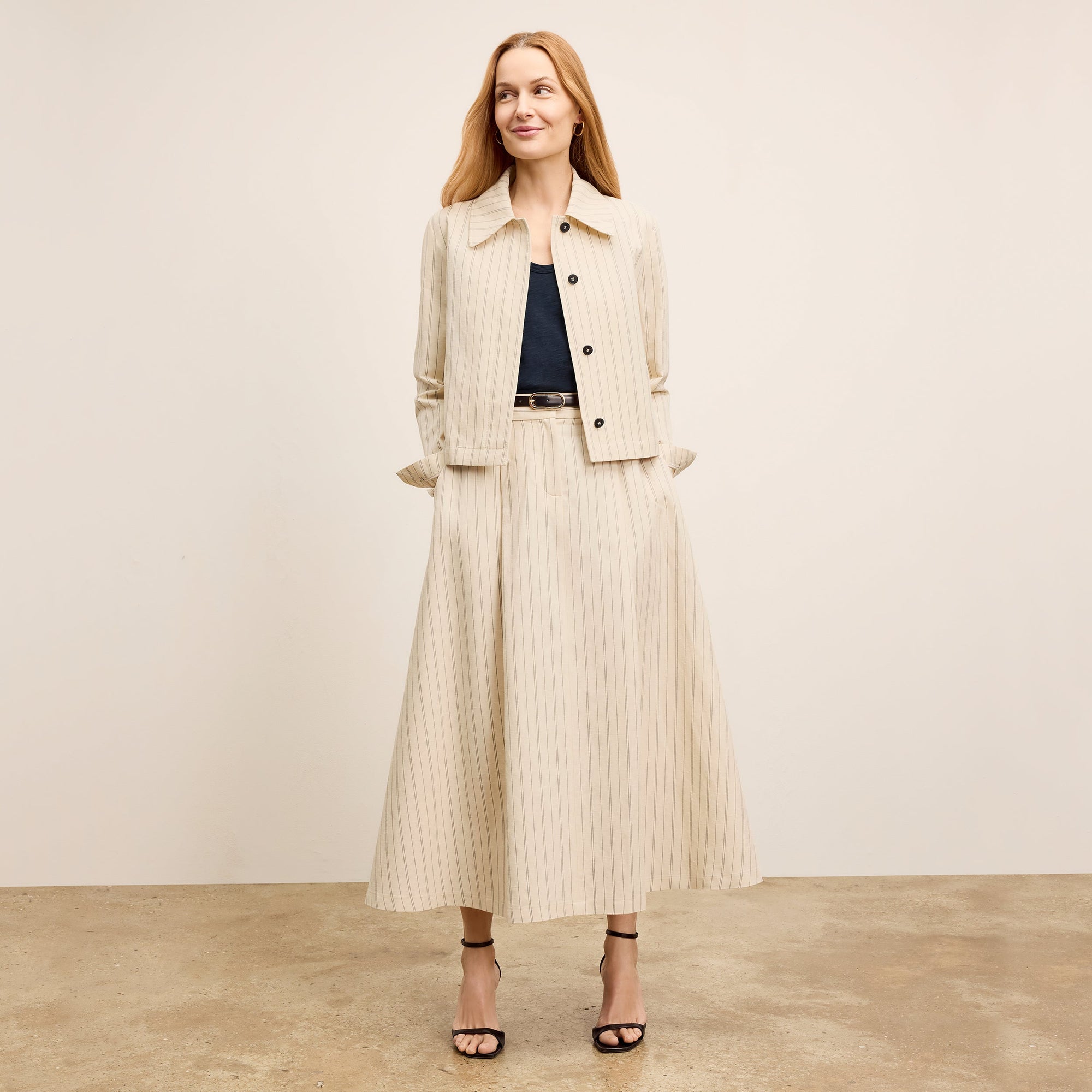 front image of a woman wearing the nicky jacket in linen stripe | Lead