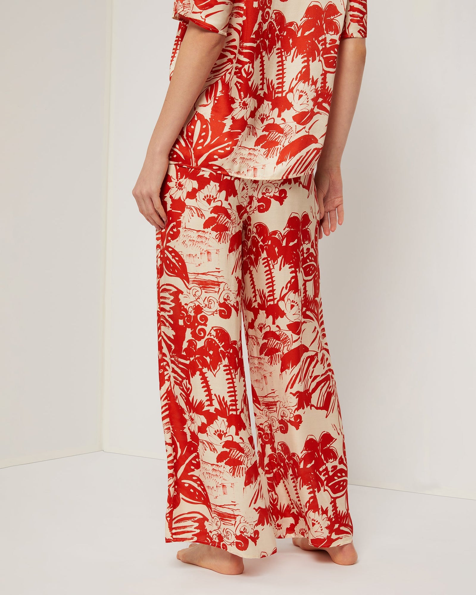 Womens | Silk Wide Leg Drawstring Pant | Poinciana/Cream