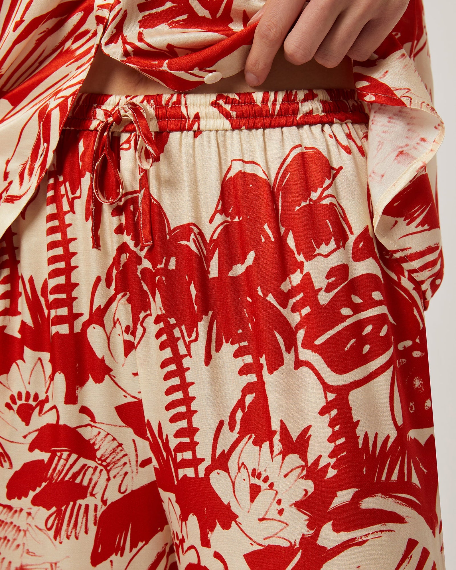 Womens | Silk Wide Leg Drawstring Pant | Poinciana/Cream