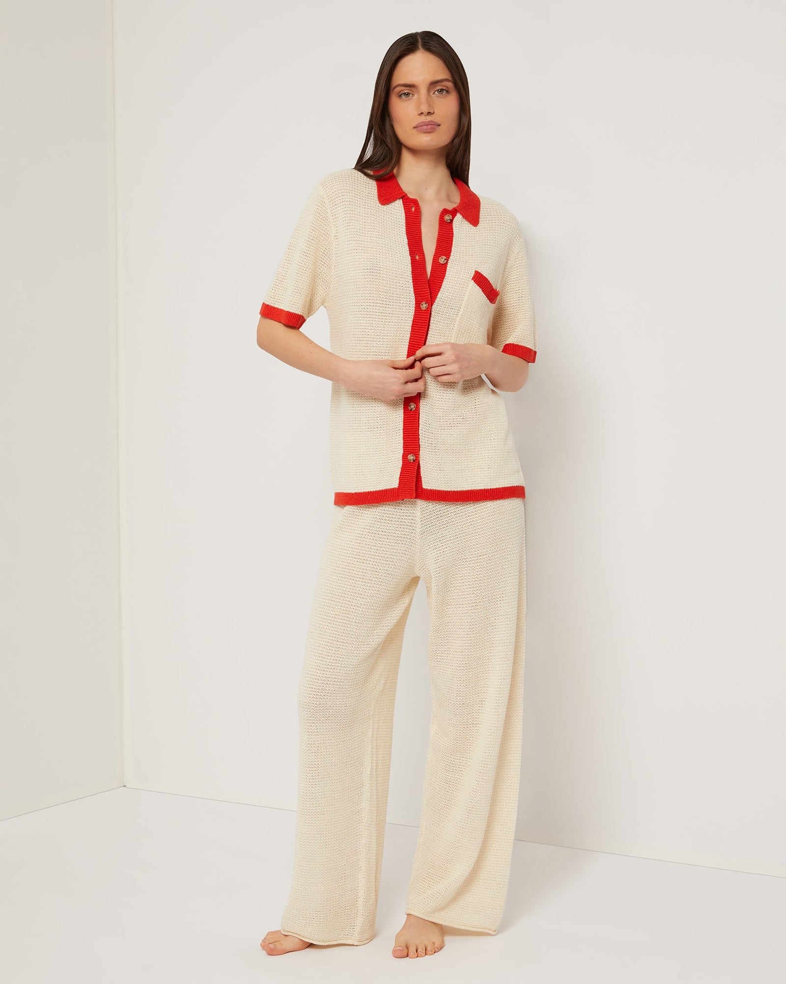 Womens | Linen Knit Drawstring Pant | Cream/Poinciana