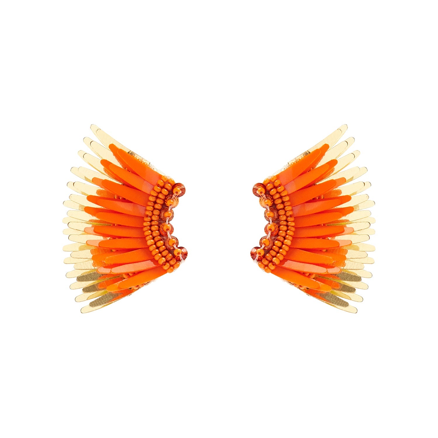 Orange and Gold Sequin and Bead Wing Stud Earrings on Flat White Background