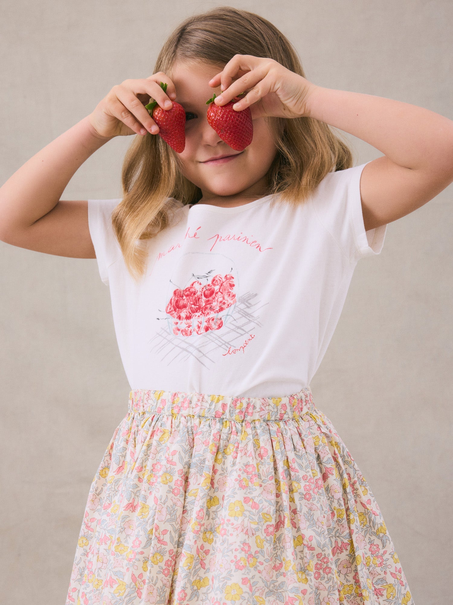 Girl | Alcala Cherry Basket Pattern T Shirt | White Milk