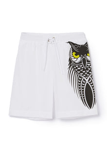 Beach Boxer Shorts with Owl Tattoo Print | White