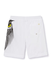 Beach Boxer Shorts with Owl Tattoo Print | White