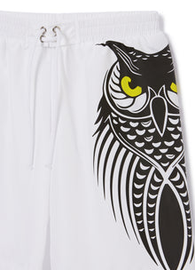 Beach Boxer Shorts with Owl Tattoo Print | White