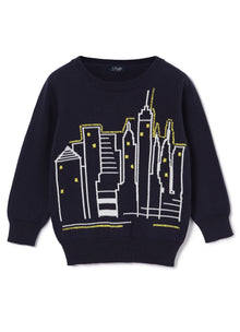 Sweater with City Embroidery | Blue/White