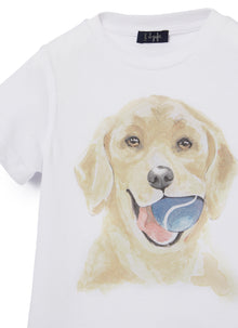 T-Shirt with Dog Motif | Bianco/Blue Denim