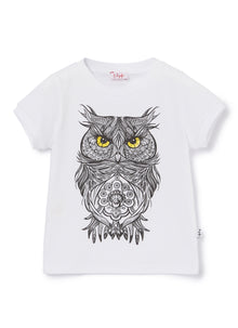 T-Shirt with Tattoo Owl | White/Chick Yellow