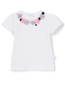 T-Shirt with Small Flower Appliques | Bianco/Blue Denim