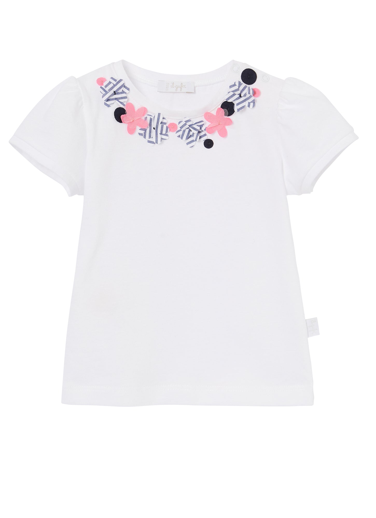 Girls | T-Shirt with Small Flower Appliques | White Blue Denim Riga Larga
