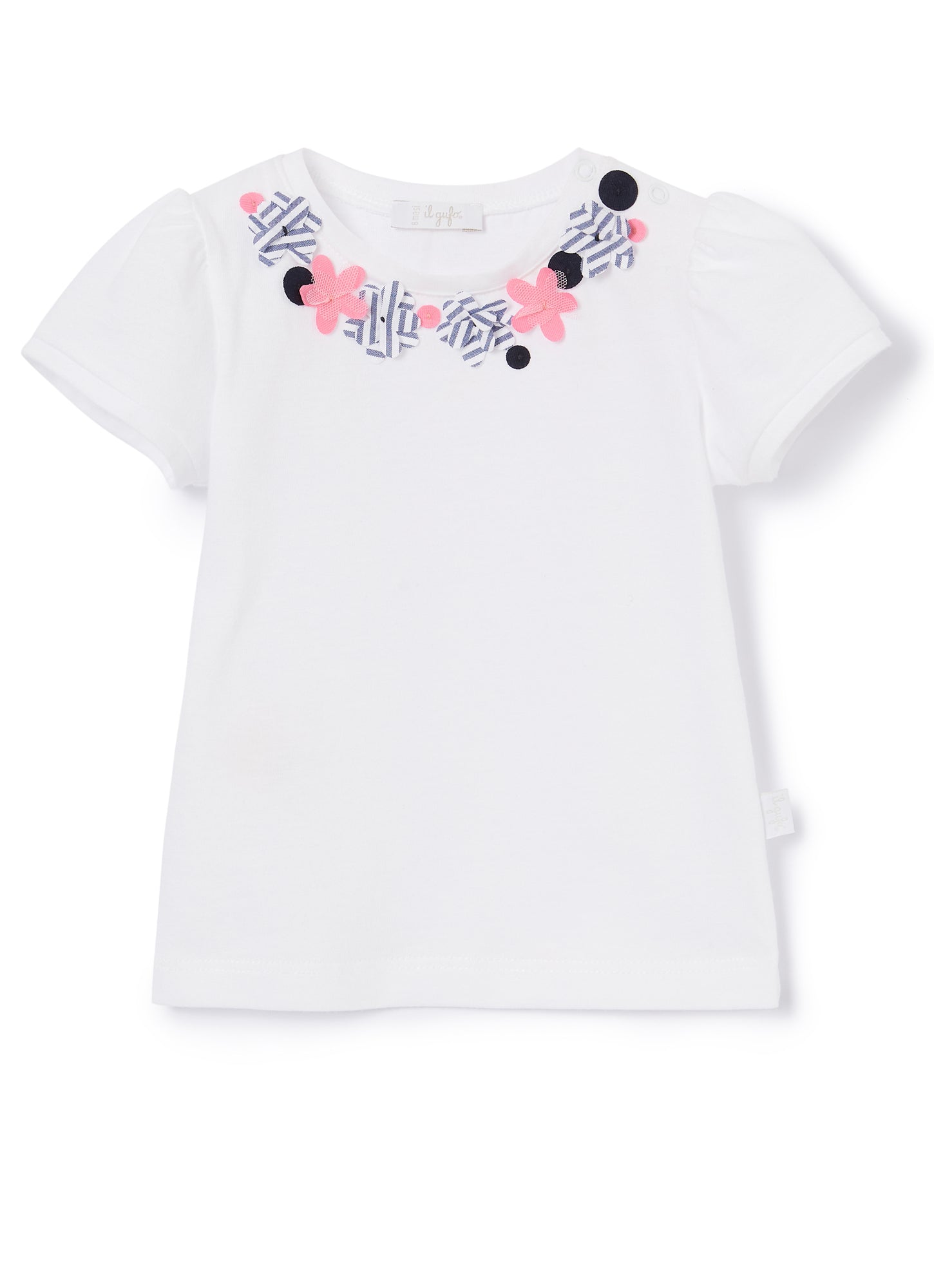 T-Shirt with Small Flower Appliques | Bianco/Blue Denim