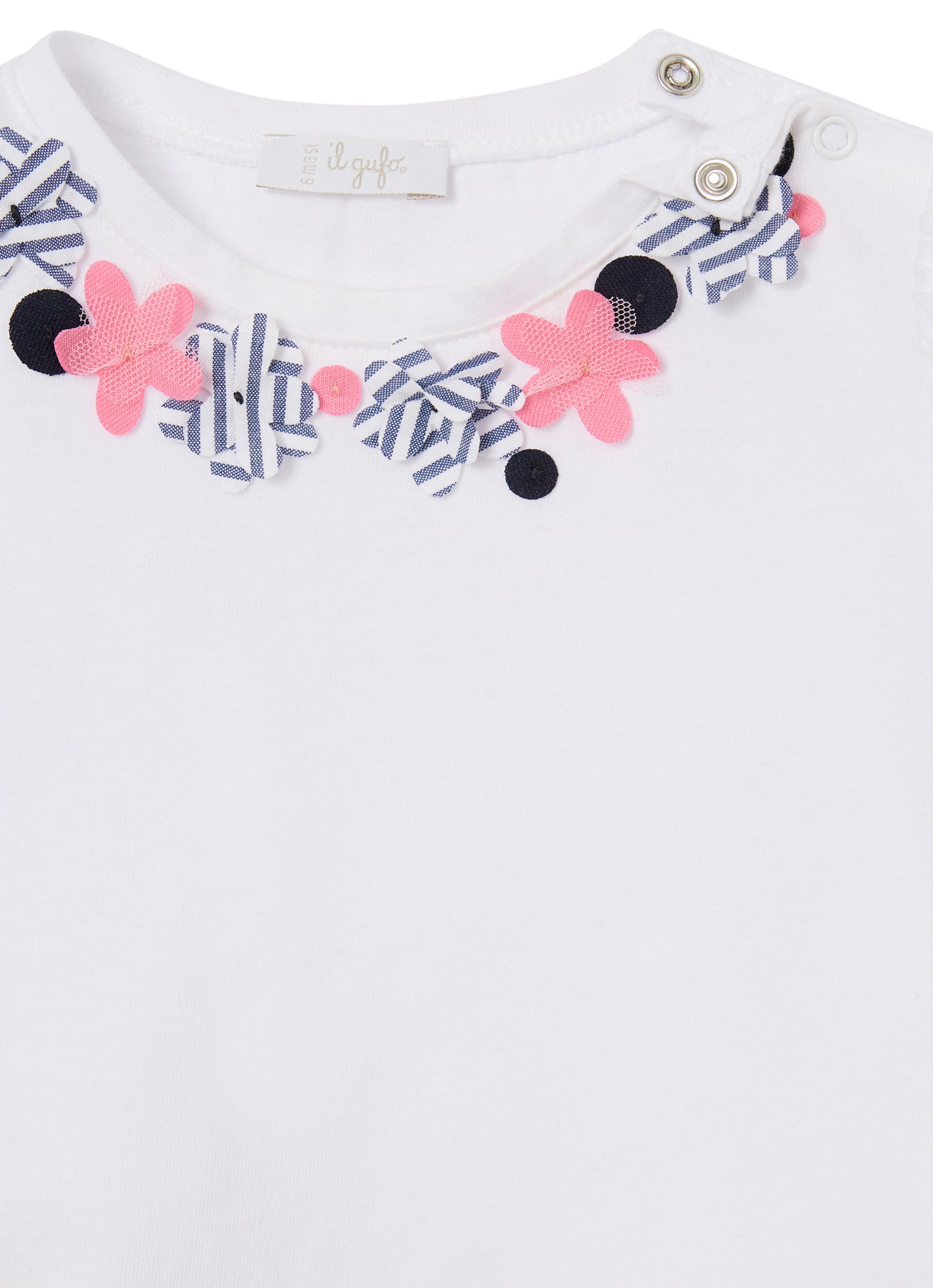 T-Shirt with Small Flower Appliques | Bianco/Blue Denim