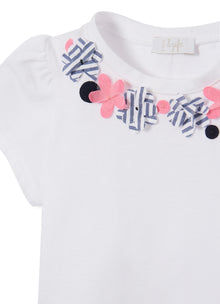 T-Shirt with Small Flower Appliques | Bianco/Blue Denim