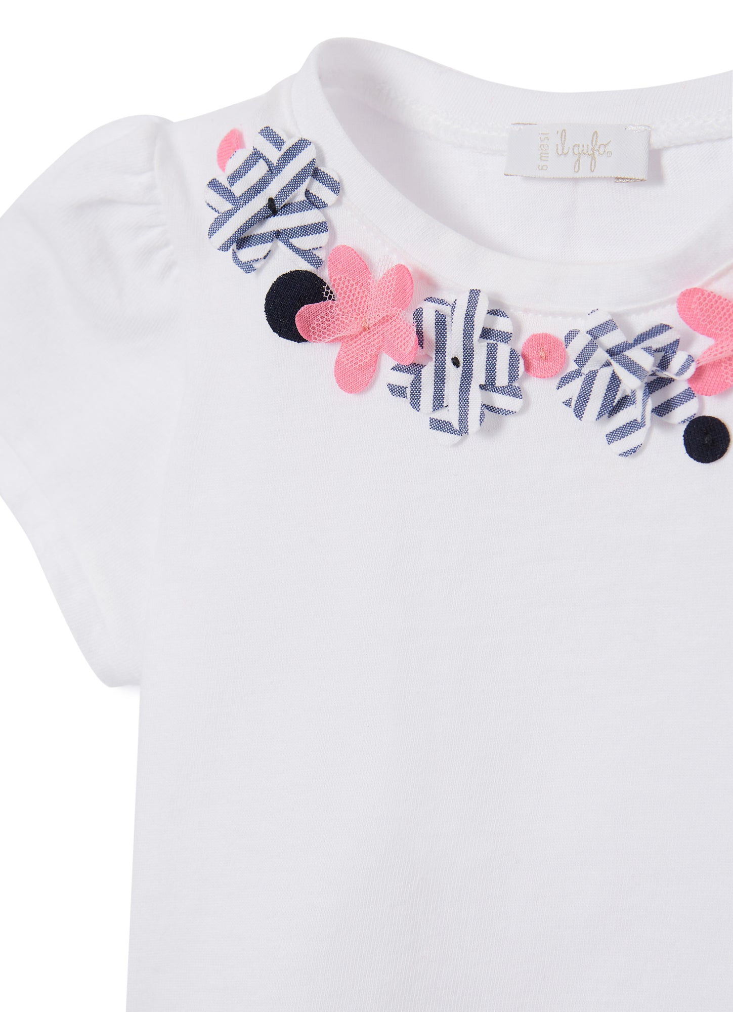 T-Shirt with Small Flower Appliques | Bianco/Blue Denim