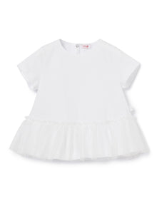 T-Shirt with Tulle Flounce | White/Milk