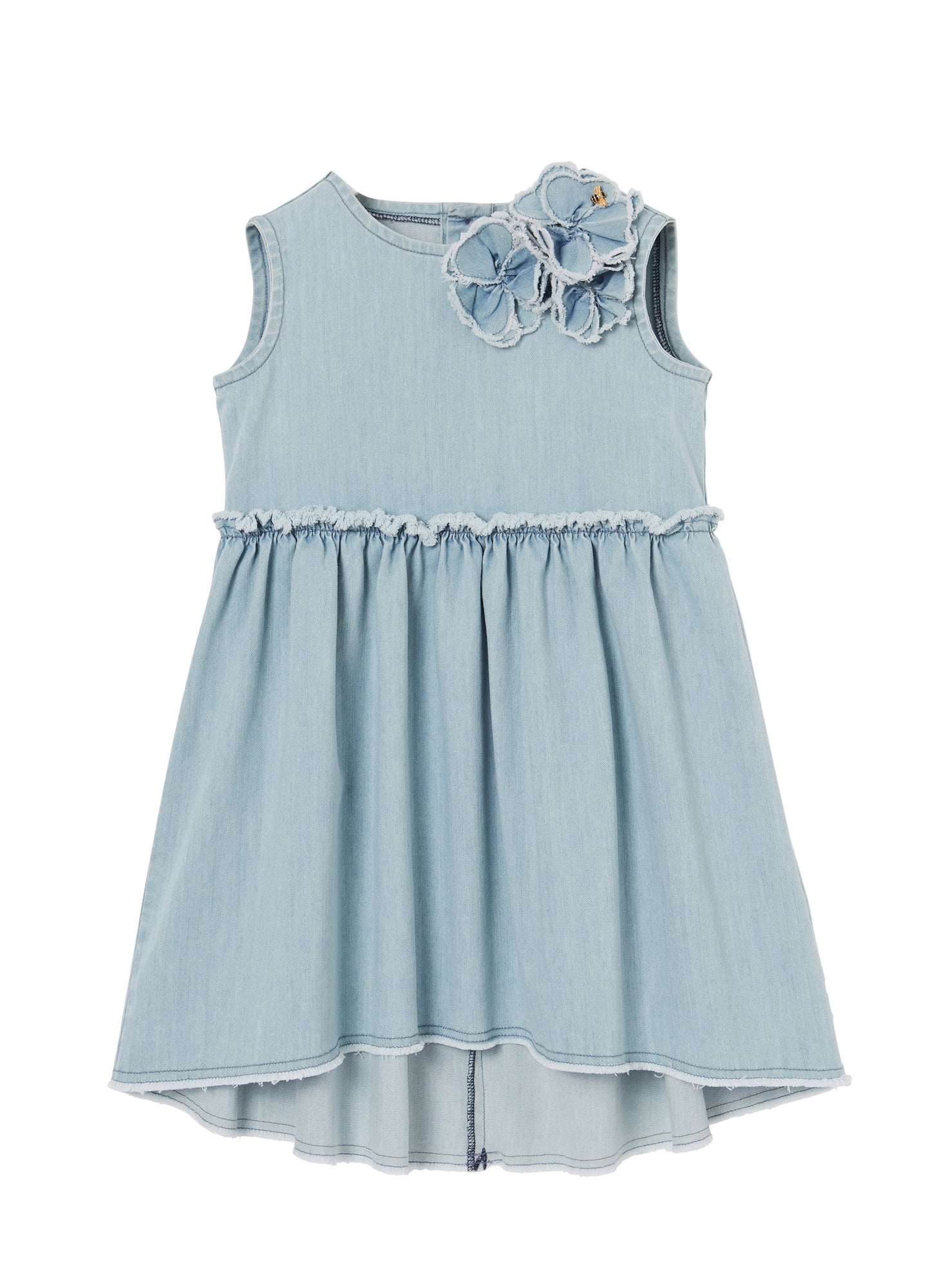 Girls | Sleeveless Light Denim Dress with Flower Motif | Blue Bleached