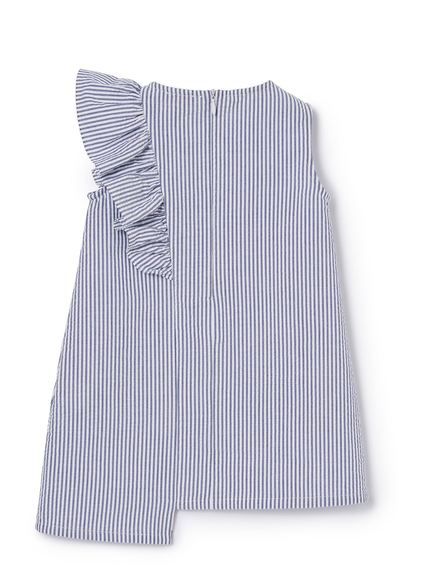 Sleeveless Striped Dress with Ruffle | Blue Denim