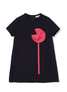 Short-Sleeve Dress with Shocking Flower | Blue Navy/Ortensia