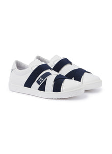 Leather Sneakers with Stripe Motifs | White/Blue