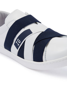 Leather Sneakers with Stripe Motifs | White/Blue