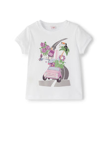 Short Sleeve T-Shirt with Print of A Car Loaded with Objects | White/Stone Grey