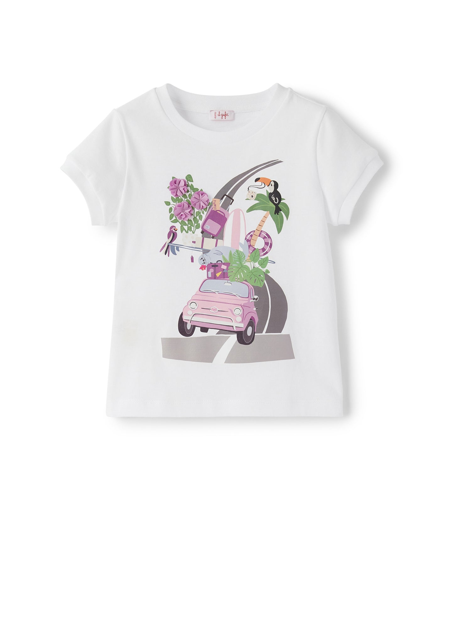 Short Sleeve T-Shirt with Print of A Car Loaded with Objects | White/Stone Grey