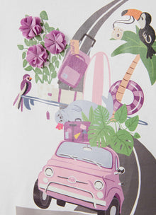 Short Sleeve T-Shirt with Print of A Car Loaded with Objects | White/Stone Grey