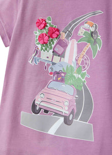 Girls | Short Sleeve T-Shirt with Print of a Car Loaded with Objects | Ibisco Ortensia