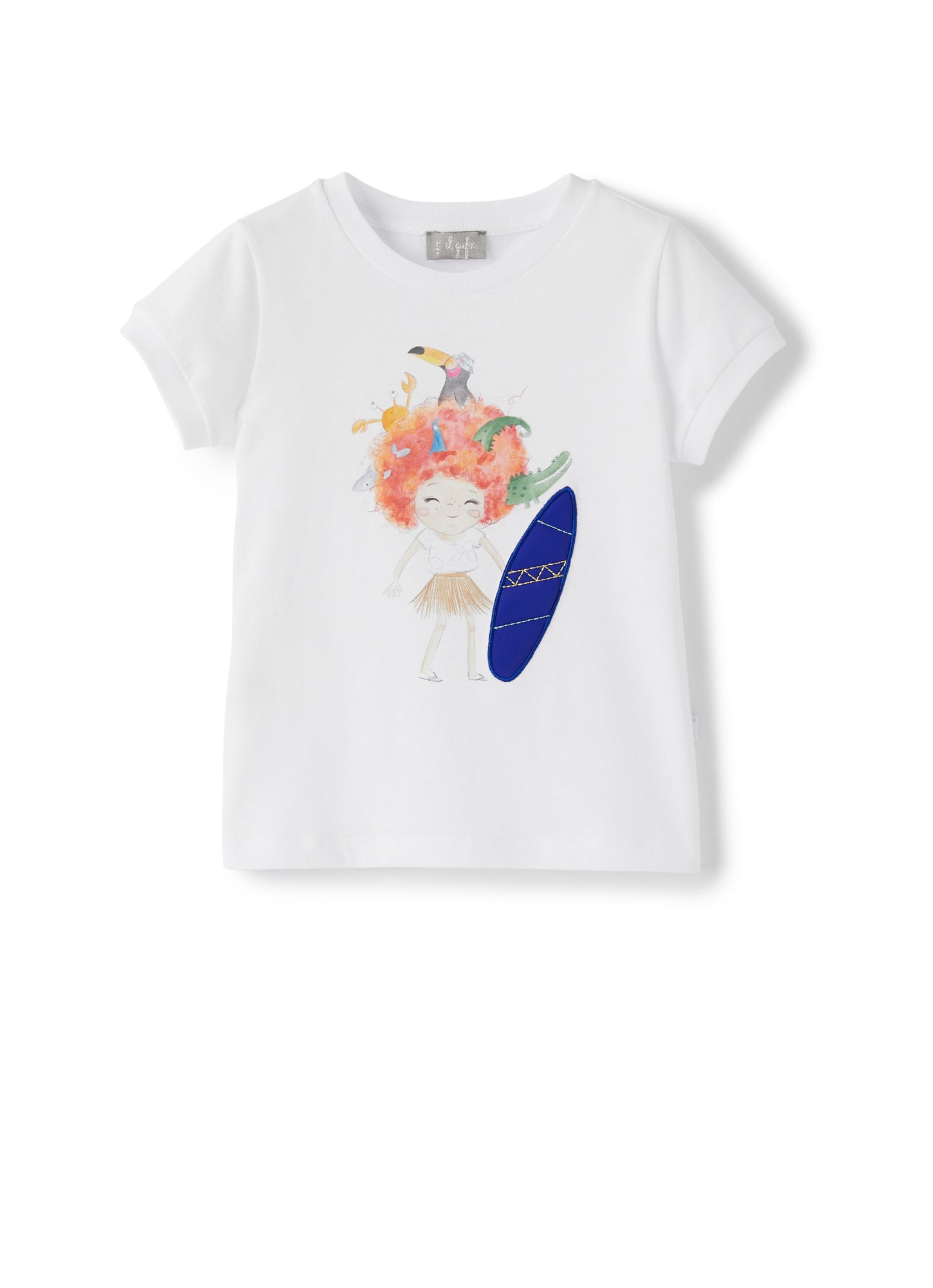 Short Sleeve T-Shirt with Baby Girl And Surf Print | Bianco/Rosa Cipria