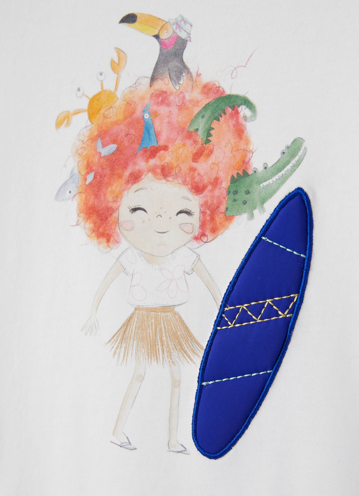 Short Sleeve T-Shirt with Baby Girl And Surf Print | Bianco/Rosa Cipria