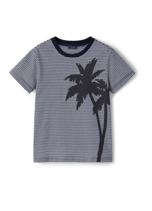 Boys | Striped Cotton T-Shirt with Palm Tree Print | Blue
