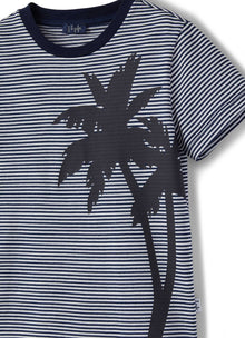 Boys | Striped Cotton T-Shirt with Palm Tree Print | Blue