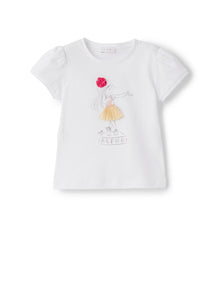 Short Sleeve T-Shirt with Flowers Application | White/Fuxia